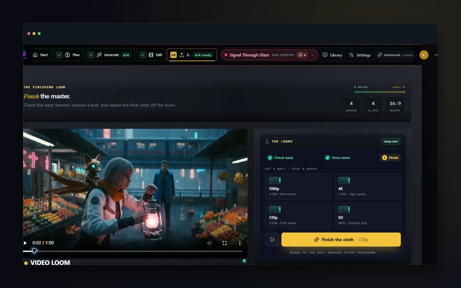 Video Loom export workspace showing a finished live-run generated music video