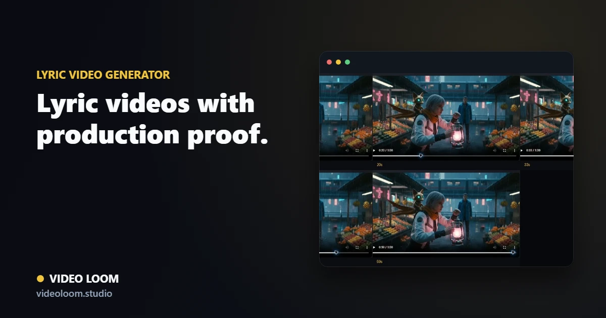 Generated live-run music-video frames used as proof imagery in Video Loom
